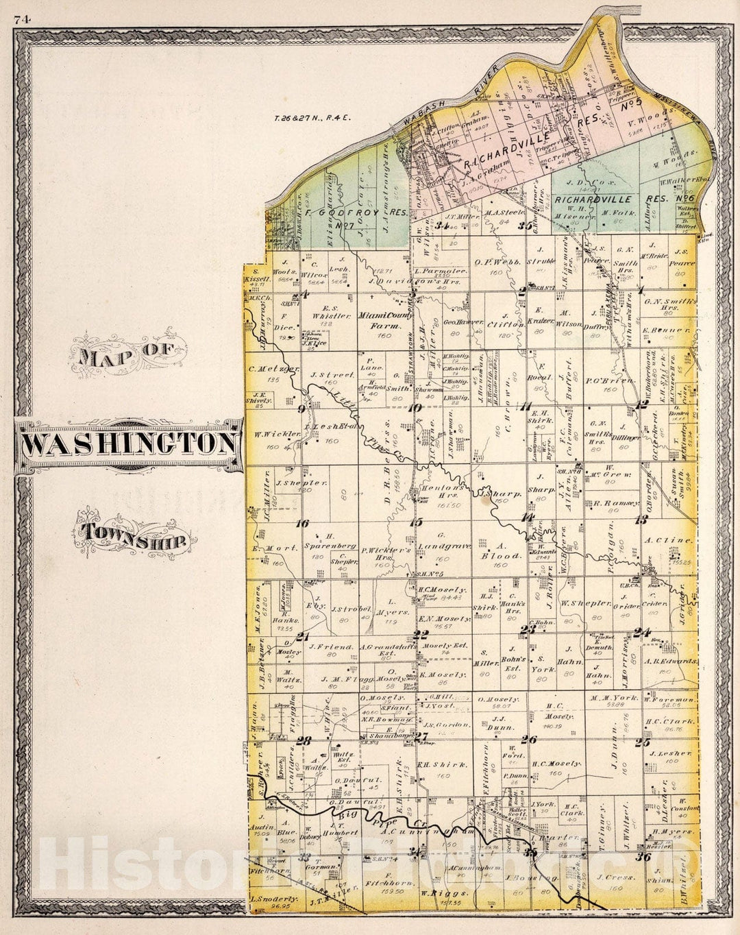 Historic Map : Washington Township, Miami County, Indiana., 1877, Vintage Wall Art