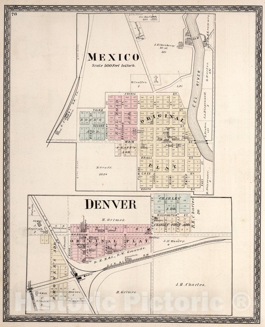 Historic Map : Mexico (Indiana). Denver (Indiana)., 1877, Vintage Wall Art