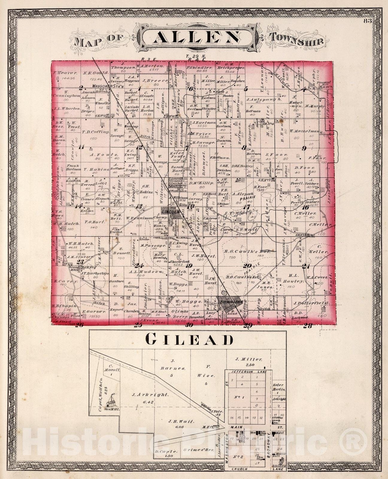 Historic Map : Allen Township, Miami County, Indiana. Gilead., 1877, Vintage Wall Art