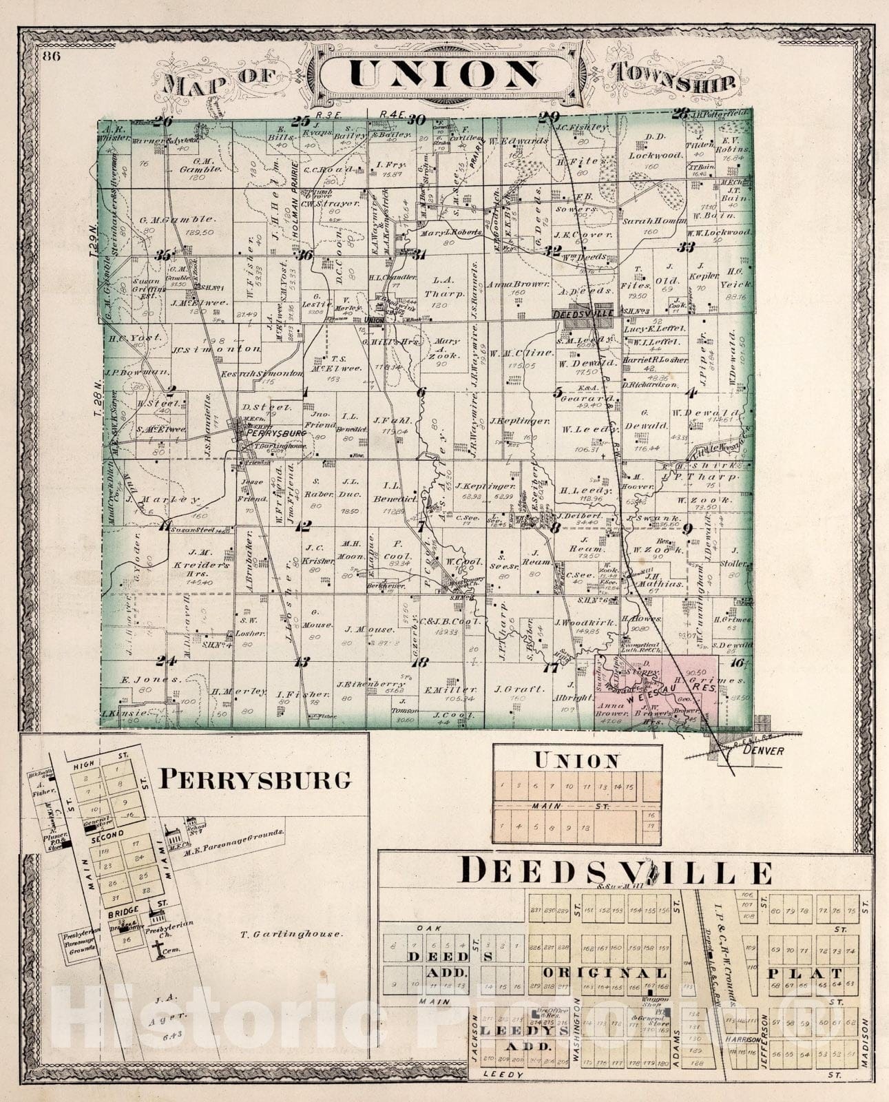 Historic Map : Union Township, Miami County, Indiana. Perrysburg. Union. Deedsville., 1877, Vintage Wall Art