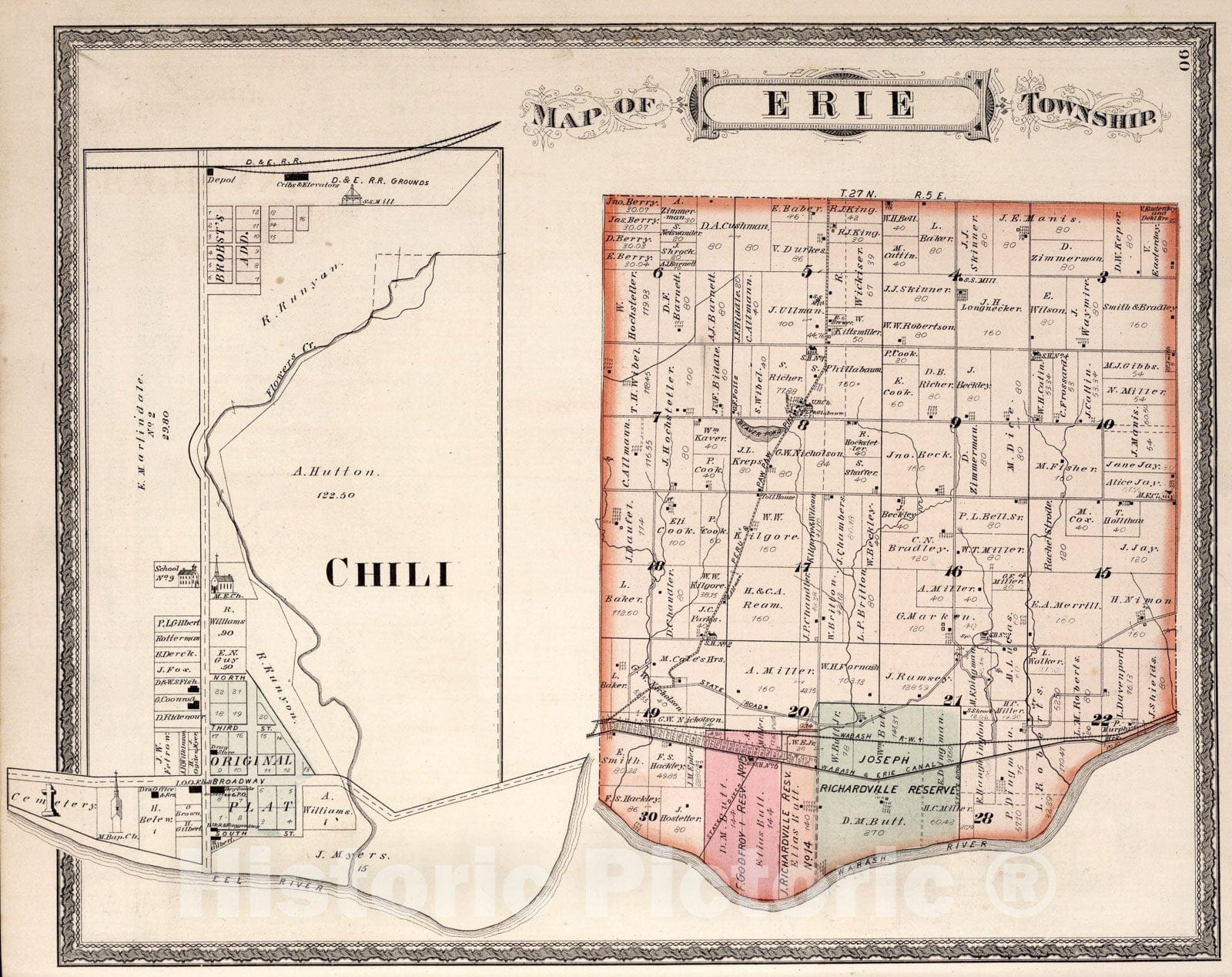 Historic Map : Erie Township, Miami County, Indiana. Chili., 1877, Vintage Wall Art