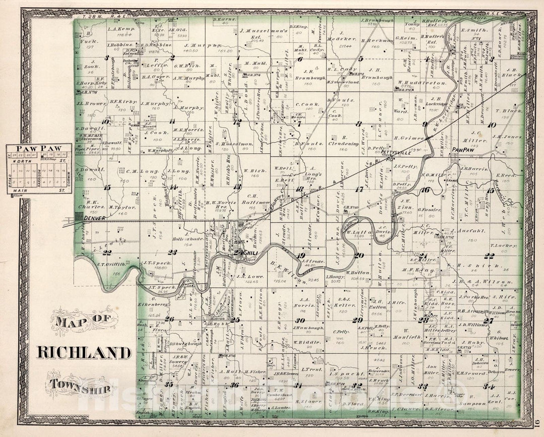 Historic Map : Richland Township, Miami County, Indiana. Paw Paw., 1877, Vintage Wall Art