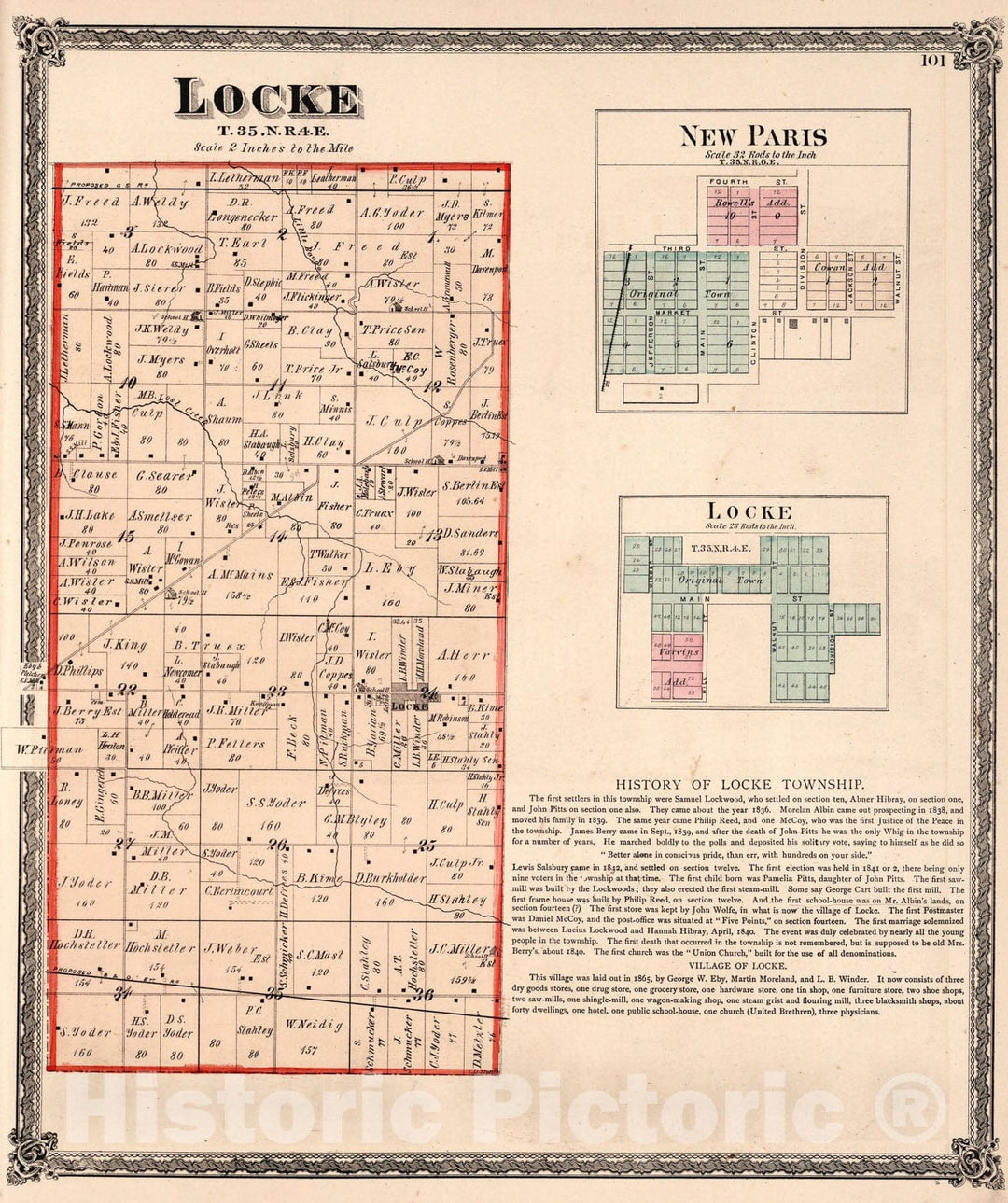 Historic Map : Locke Township, Elkhart County, Indiana. New Paris. Locke., 1874, Vintage Wall Art