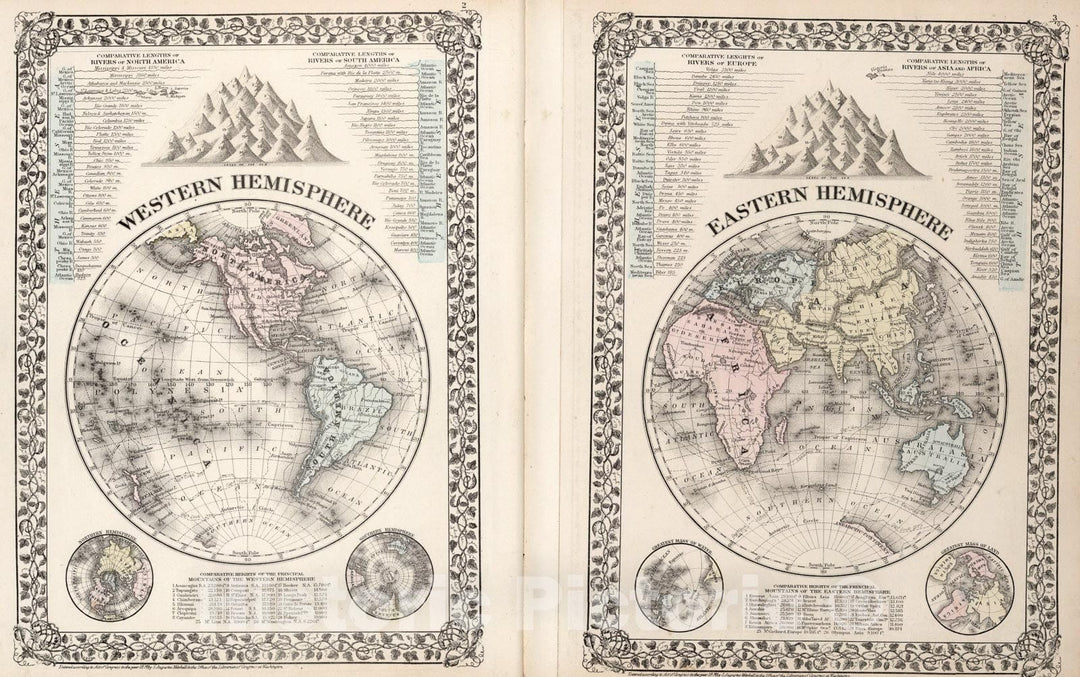 Historic Map : Western Hemisphere. Eastern Hemisphere, 1874, Vintage Wall Art