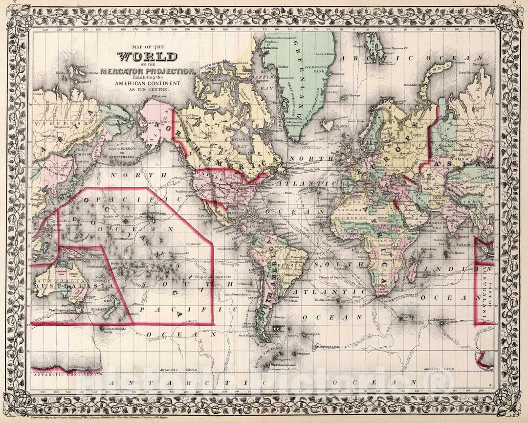 Historic Map : Map of the World on the Mercator Projection, 1874, Vintage Wall Art