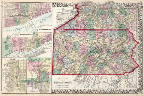 Historic Map : County map of the state of Pennsylvania, 1874, Vintage Wall Art