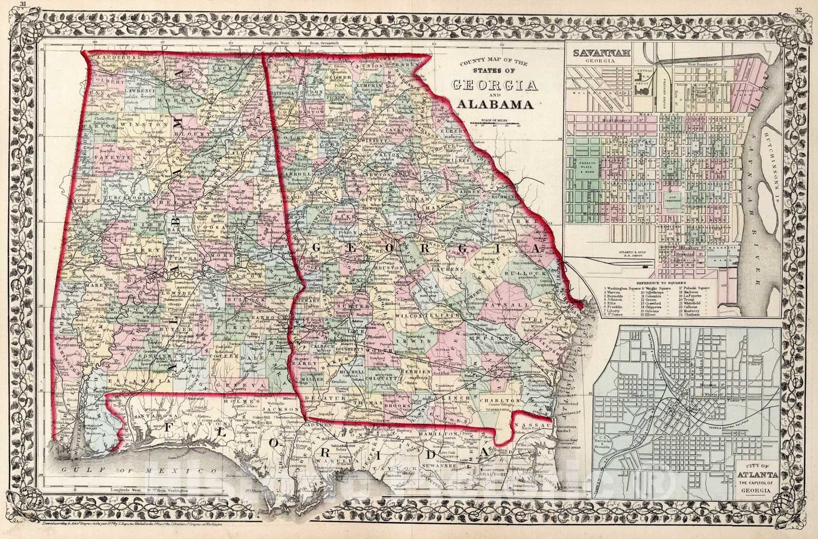 Historic Map : County map of the States of Georgia and Alabama, 1874, Vintage Wall Art