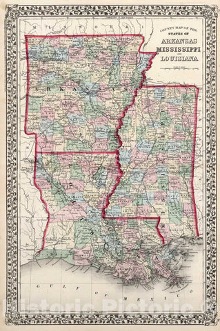 Historic Map : County map of the States of Arkansas, Mississippi and Louisiana, 1874, Vintage Wall Art