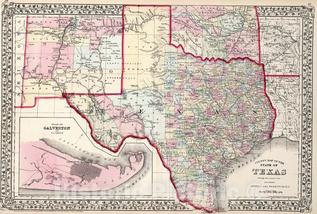 Historic Map : County map of the state of Texas, 1874, Vintage Wall Art