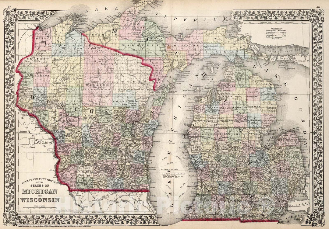 Historic Map : County and township map of the states of Michigan and Wisconsin, 1874, Vintage Wall Art