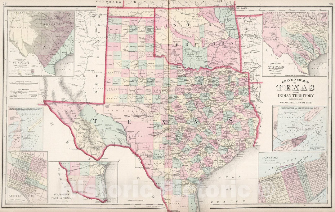 Historic Map : Texas and the Indian Territory (Oklahoma)., 1878, Vintage Wall Art