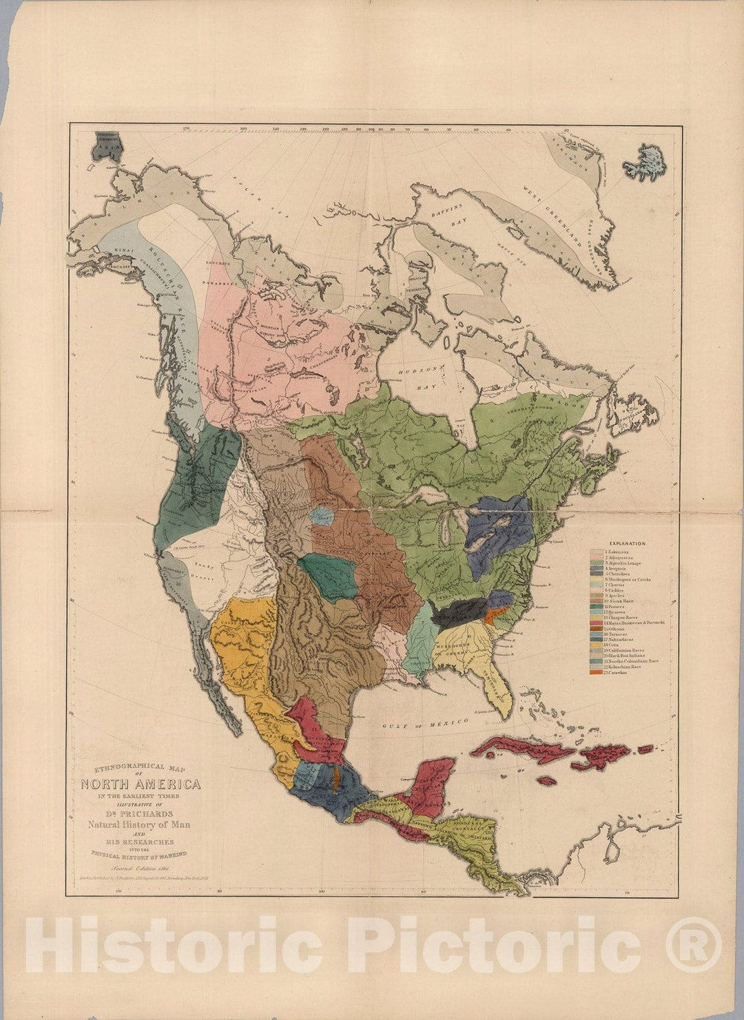 Historic Map : Ethnographical Map of North America, in the Earliest Times., 1861, Vintage Wall Art