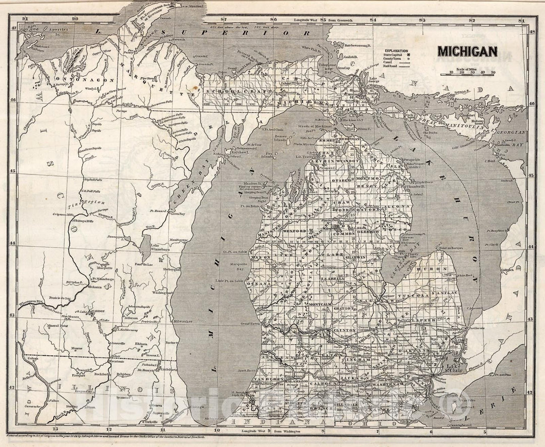 Historic Map : Michigan, 1844, Vintage Wall Art