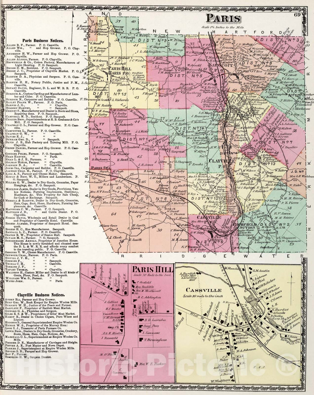 Historic Map : Paris, Oneida County, New York. Paris Hill. Cassville., 1874, Vintage Wall Art