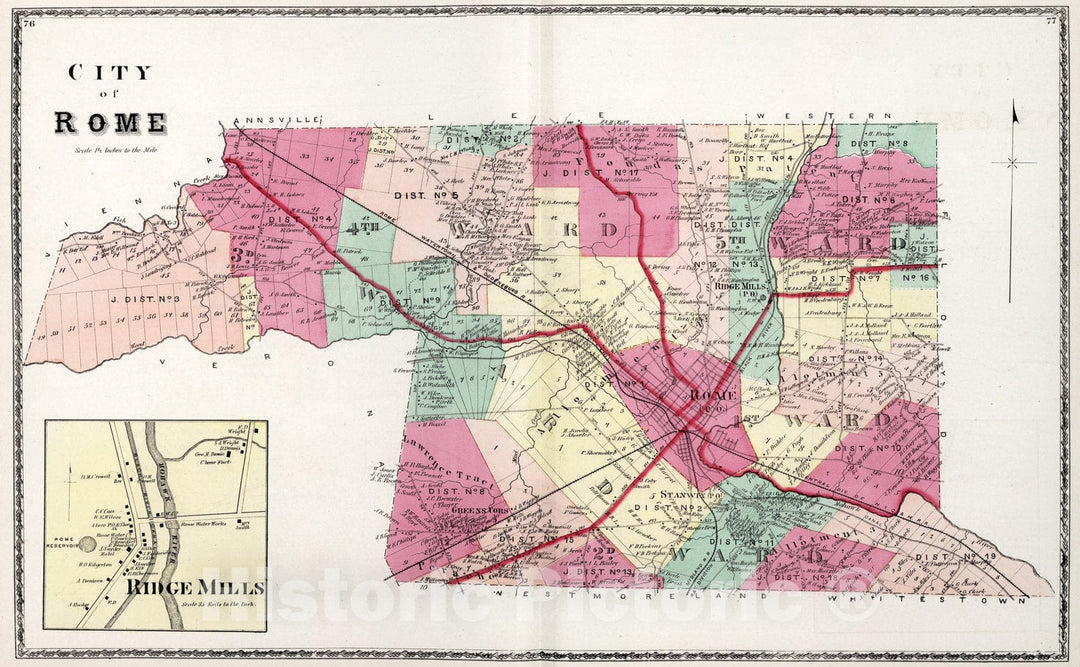 Historic Map : Rome, Oneida County, New York. Ridge Mills., 1874, Vintage Wall Art