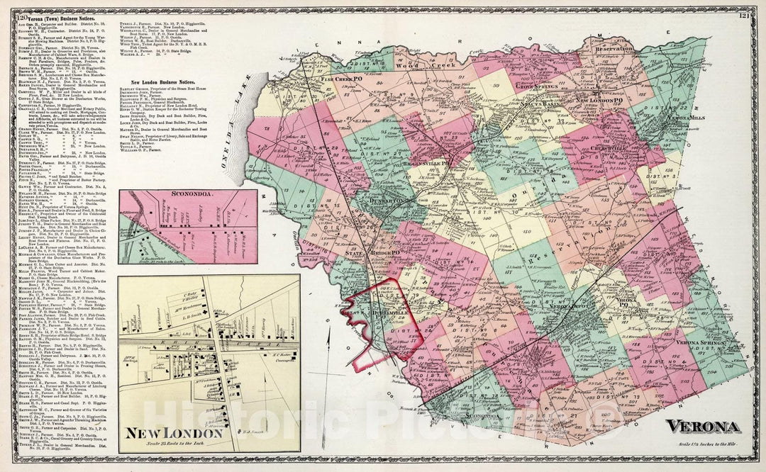 Historic Map : Verona, Oneida County, New York. Sconondoa. New London., 1874, Vintage Wall Art