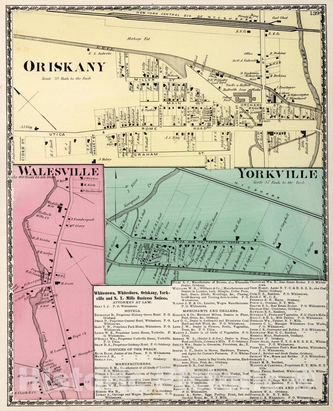 Historic Map : Orinskany. Walesville. Yorkville, New York., 1874, Vintage Wall Art