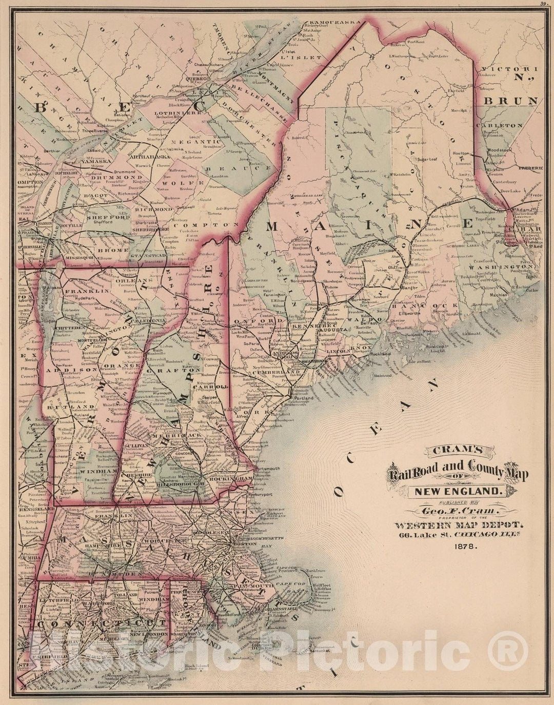 Historic Map : New England., 1878, Vintage Wall Art