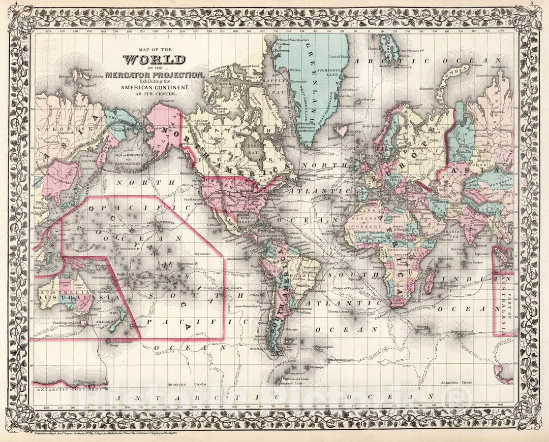 Historic Map : Map of the World on Mercator Projection, 1877, Vintage Wall Art