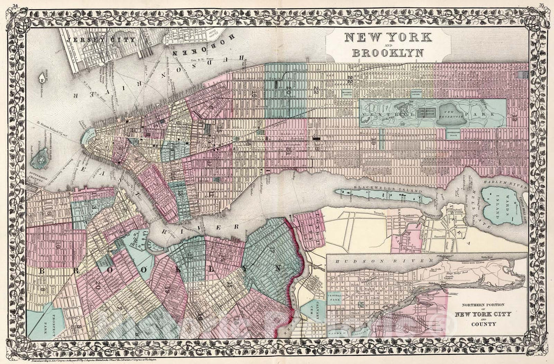 Historic Map : New York and Brooklyn, 1877, Vintage Wall Art