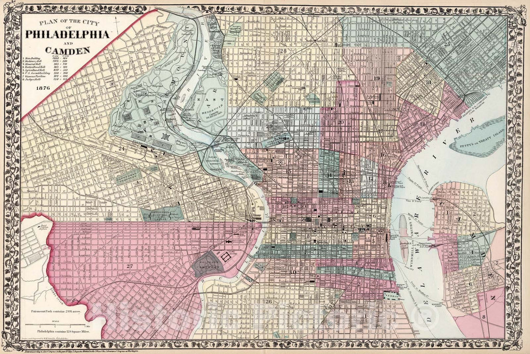 Historic Map : Plan of the City of Philadelphia and Camden, 1877, Vintage Wall Art