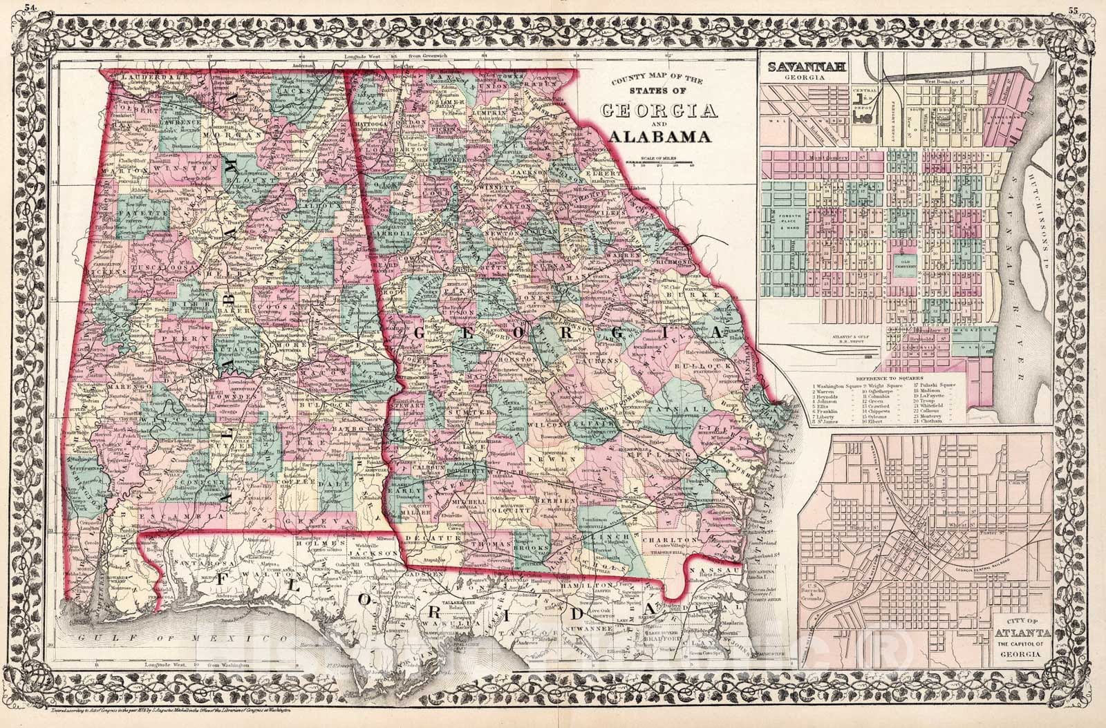 Historic Map : County map of the States of Georgia and Alabama, 1877, Vintage Wall Art