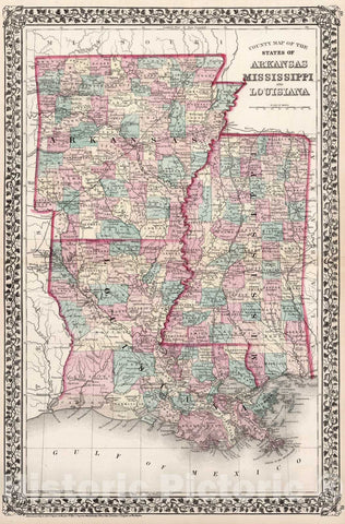 Historic Map : County map of the States of Arkansas, Mississippi, and Louisiana, 1877, Vintage Wall Art