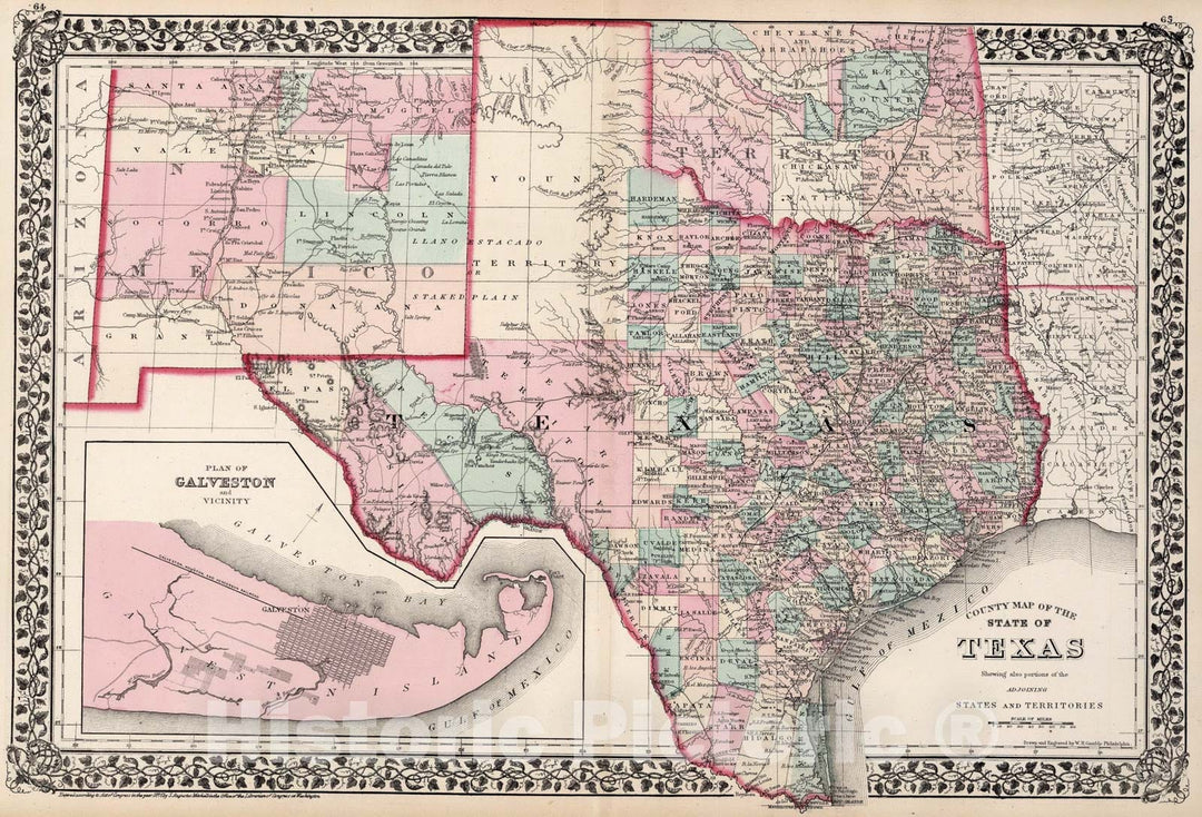 Historic Map : County map of the State of Texas, 1877, Vintage Wall Art