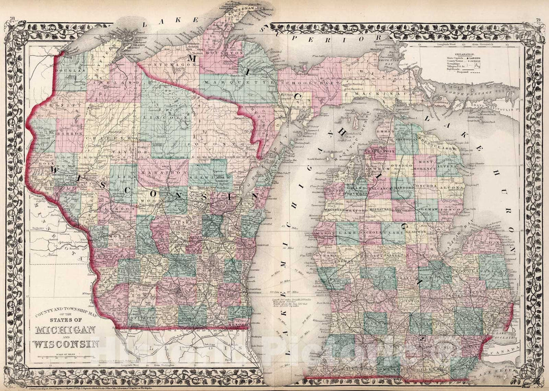 Historic Map : County and township map of the States of Michigan and Wisconsin, 1877, Vintage Wall Art