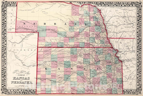 Historic Map : County and township map of the States of Kansas and Nebraska, 1877, Vintage Wall Art