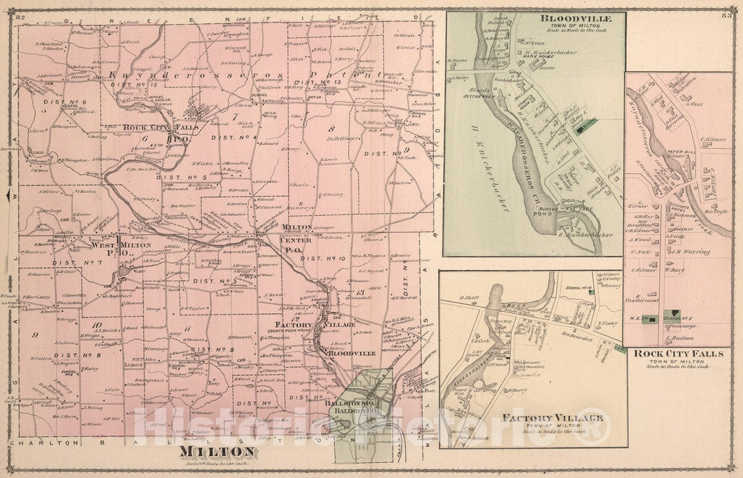 Historic Map : Milton. Bloodville (Ballston Spa). Factory Village. Rock City Falls, New York., 1876, Vintage Wall Art