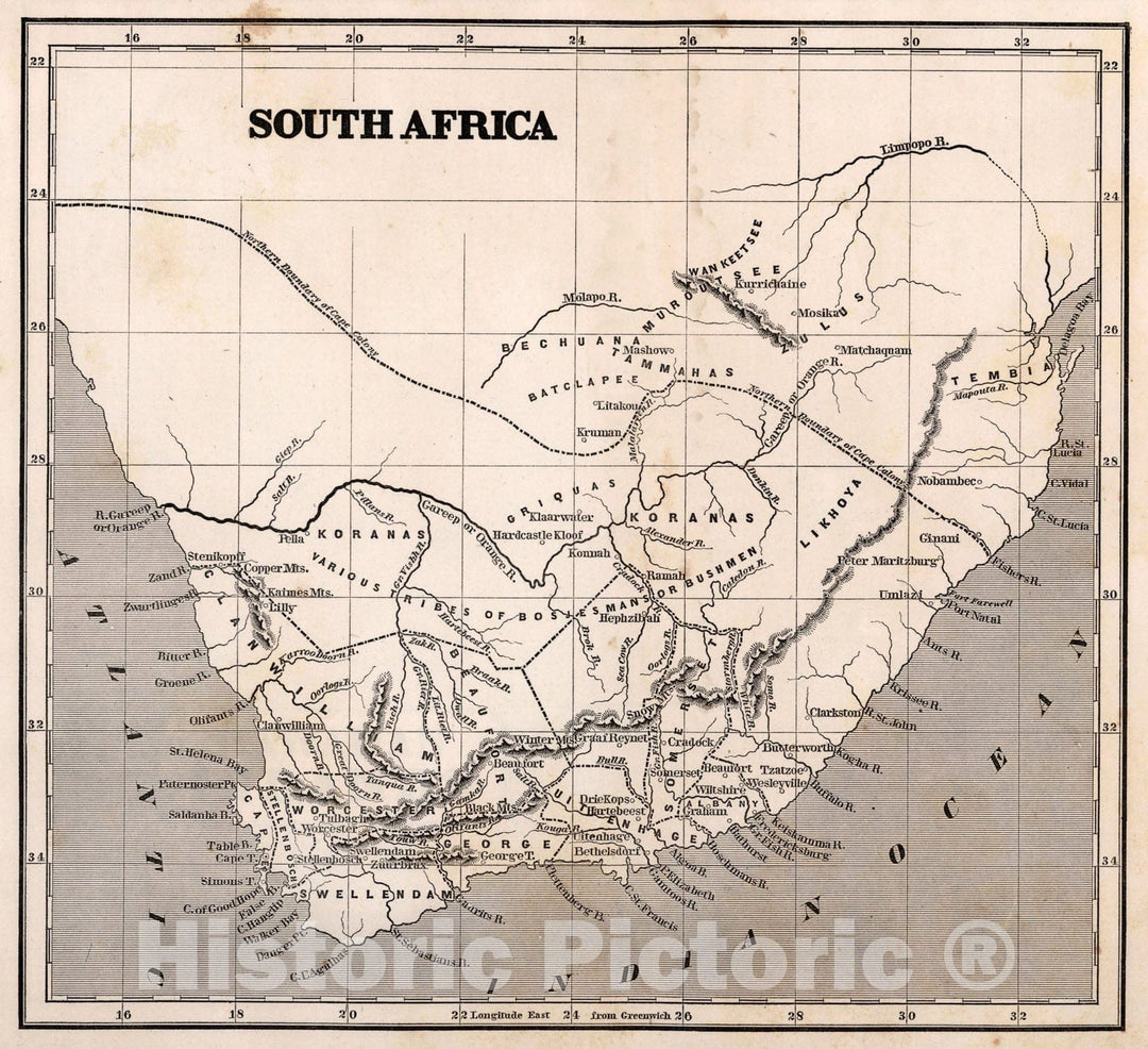 Historic Map : South Africa, 1848, Vintage Wall Art