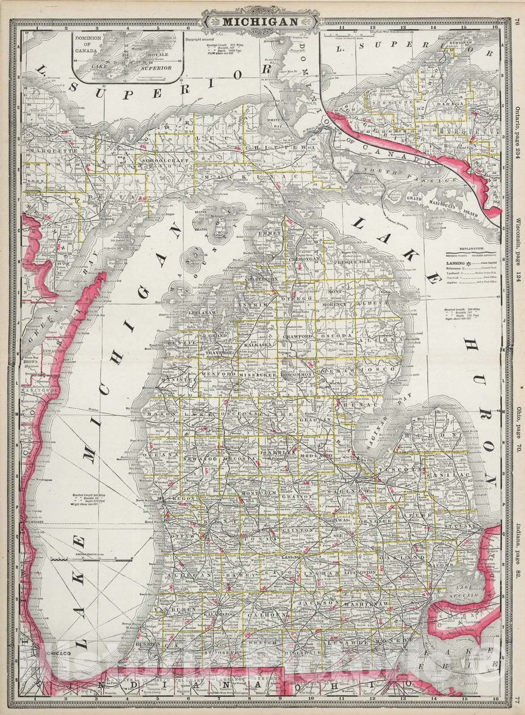 Historic Map : Michigan., 1889, Vintage Wall Art