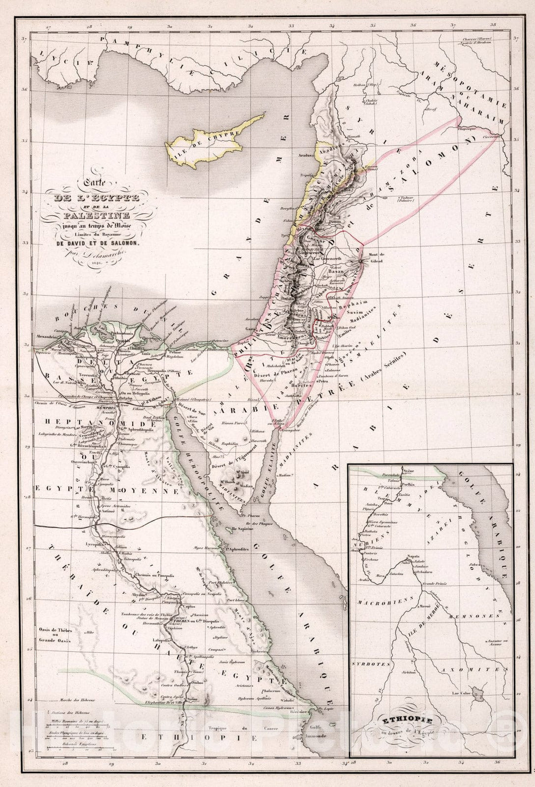 Historic Map : L'Egypte et de la Palestine jusqu'an temps de Moise (Moses) Limites de Royaume de David et de Salomon. Ethiopie., 1847, Vintage Wall Art