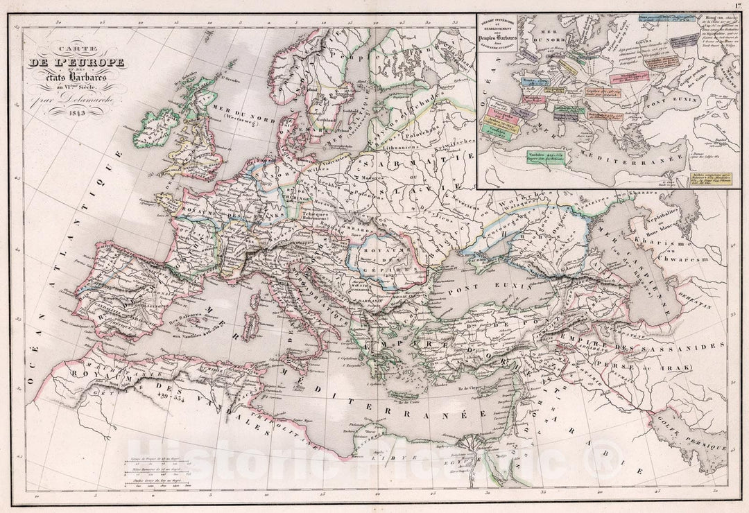 Historic Map : L'Europe etats Barbares au VI eme Siecle., 1847, Vintage Wall Art