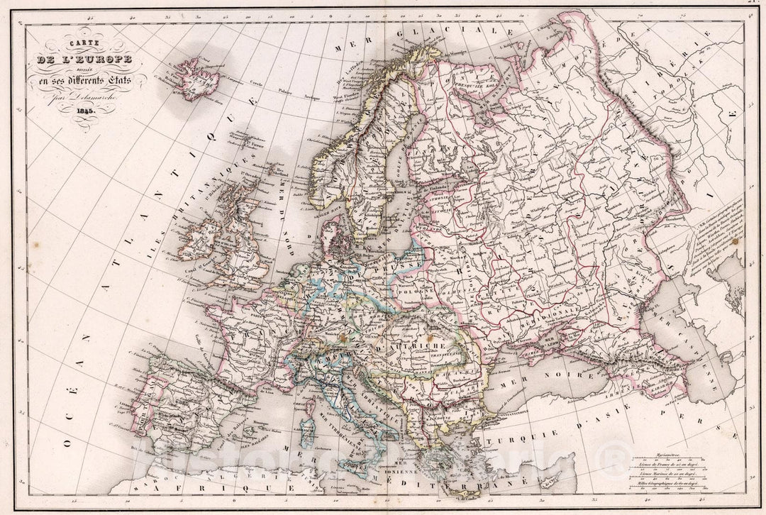 Historic Map : Carte de l'Europe ... 1845., 1845, Vintage Wall Art