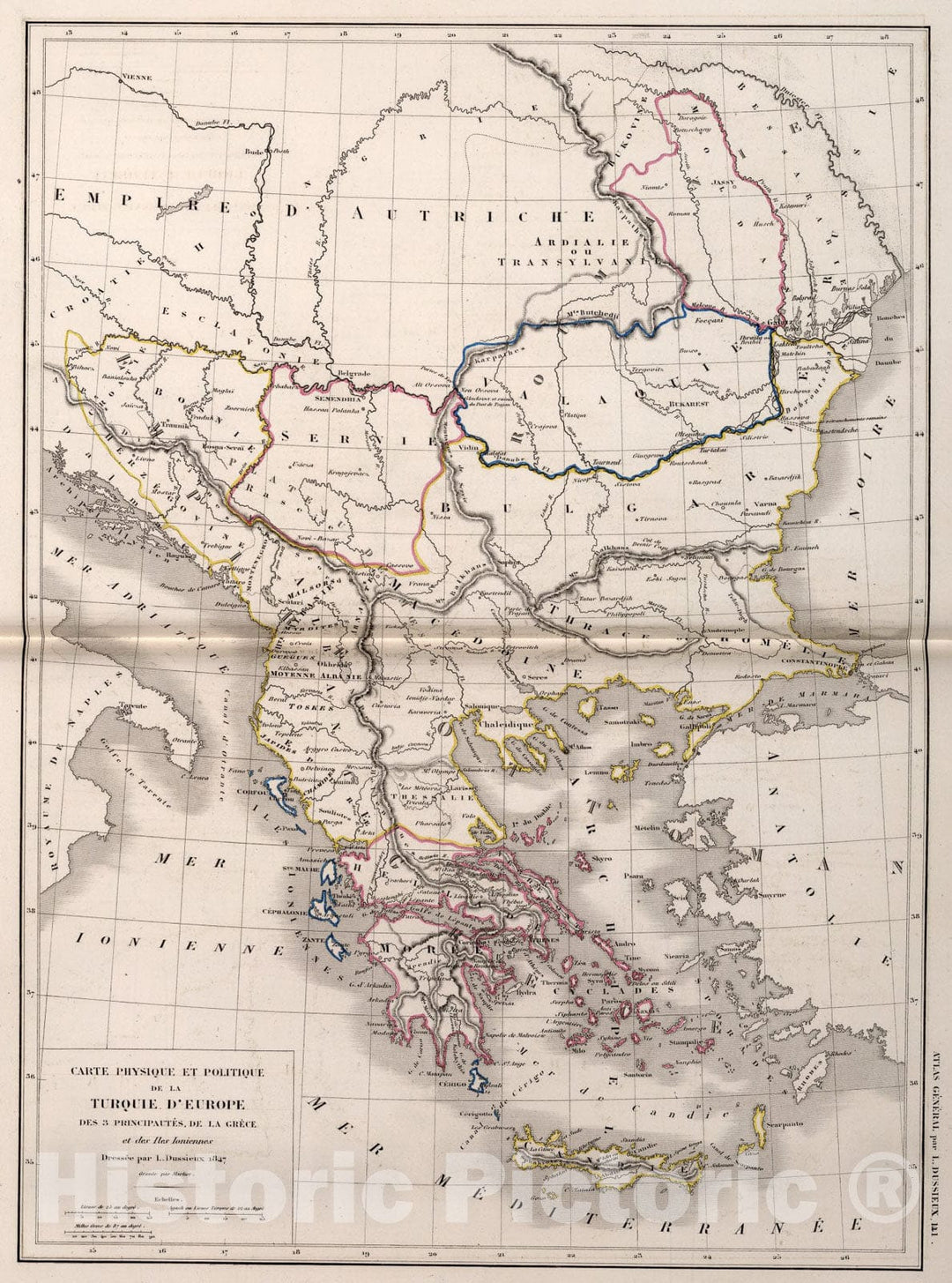 Historic Map : 141. Carte Physique et Politique de la Turquie d'Europe des three Principautes de la Grece et des Iles Ioniennes., 1847, Vintage Wall Art