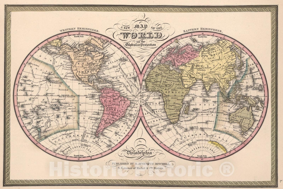 Historic Map : World on the Globular Projection. Western Hemisphere. Eastern Hemisphere., 1850, Vintage Wall Art