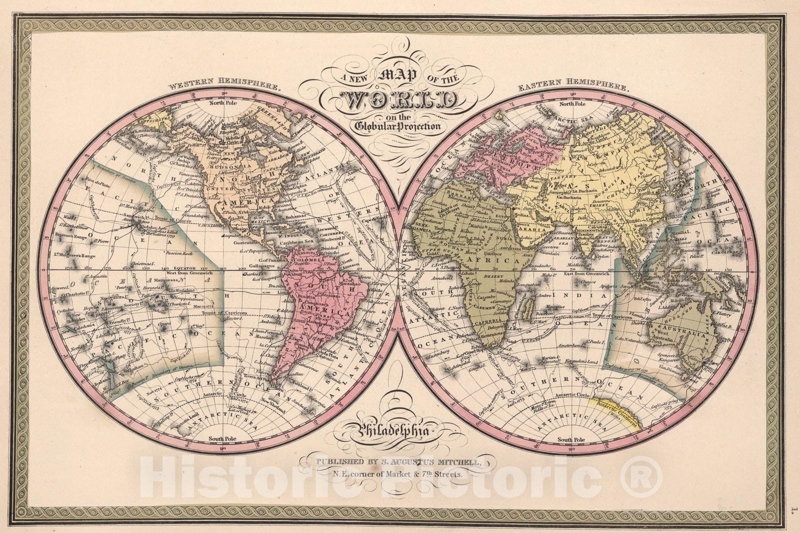 Historic Map : World on the Globular Projection. Western Hemisphere. Eastern Hemisphere., 1850, Vintage Wall Art