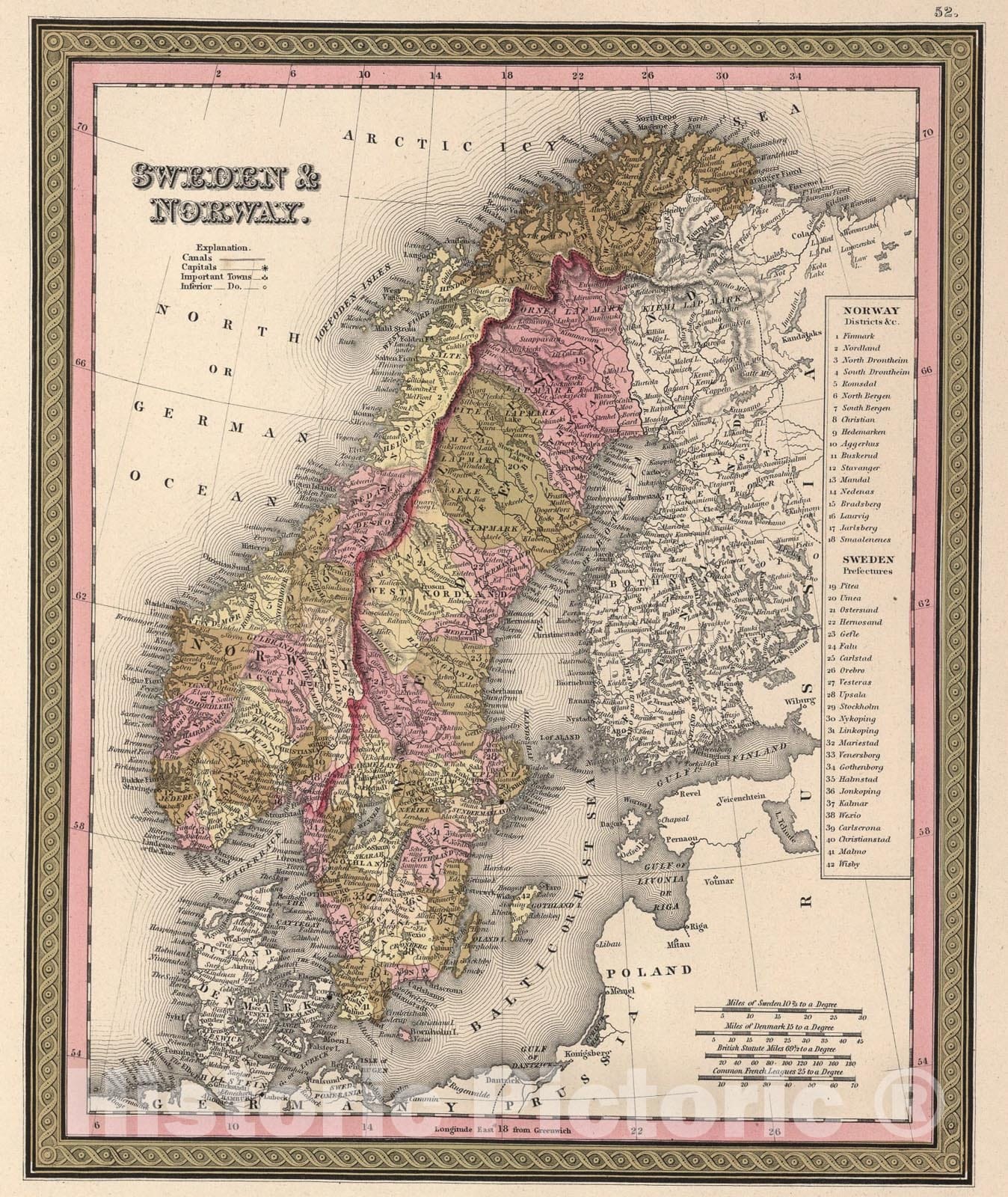 Historic Map : Sweden and Norway., 1850, Vintage Wall Art