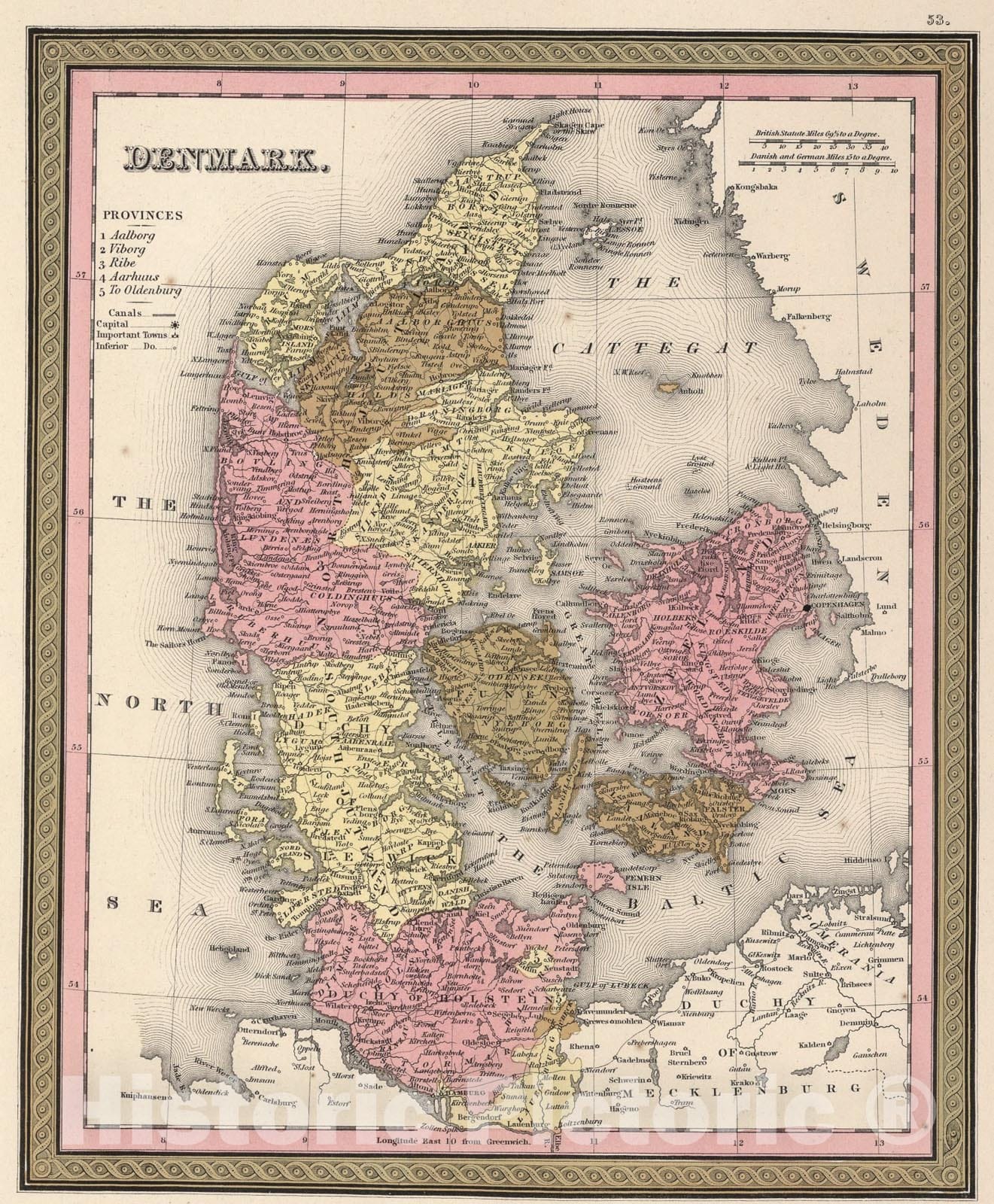 Historic Map : Denmark., 1850, Vintage Wall Art