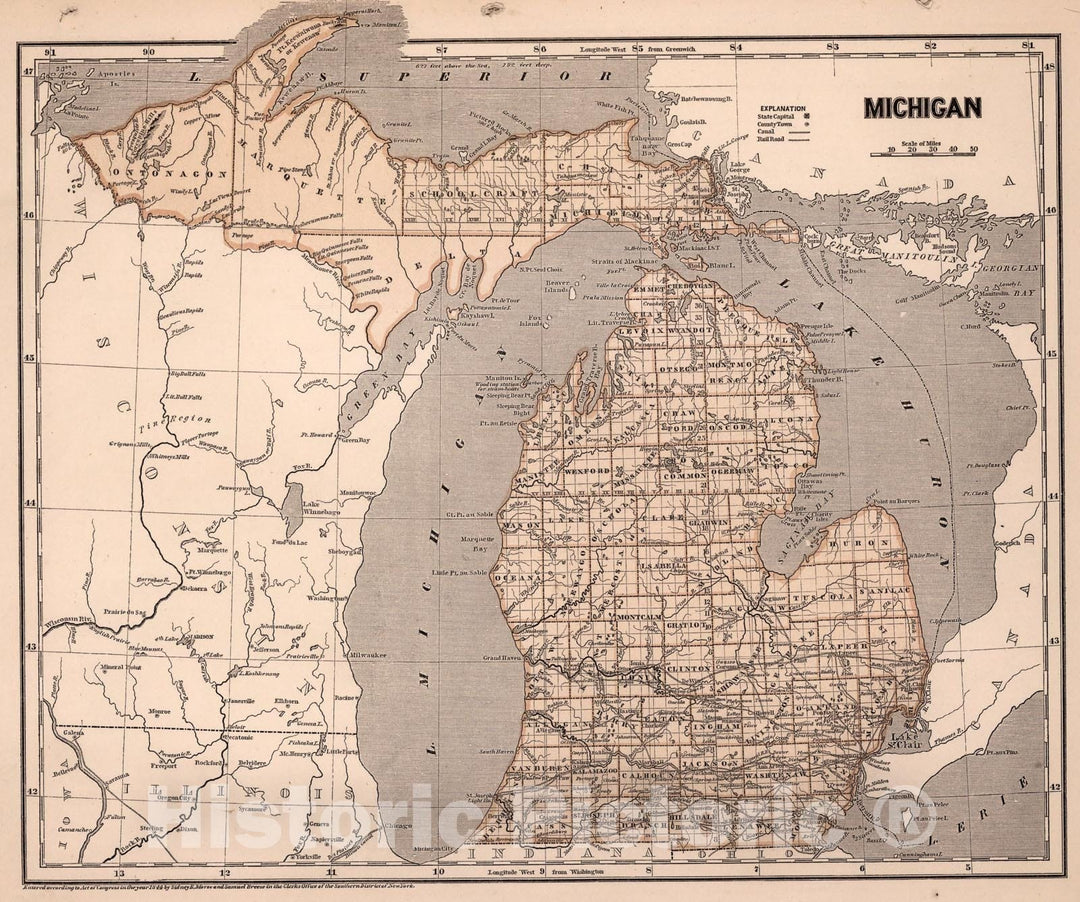 Historic Map : Michigan, 1845, Vintage Wall Art