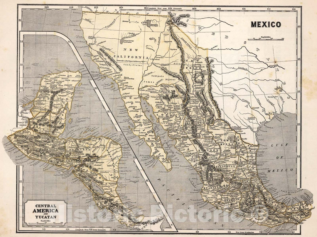 Historic Map : Mexico. Central America, 1845, Vintage Wall Art