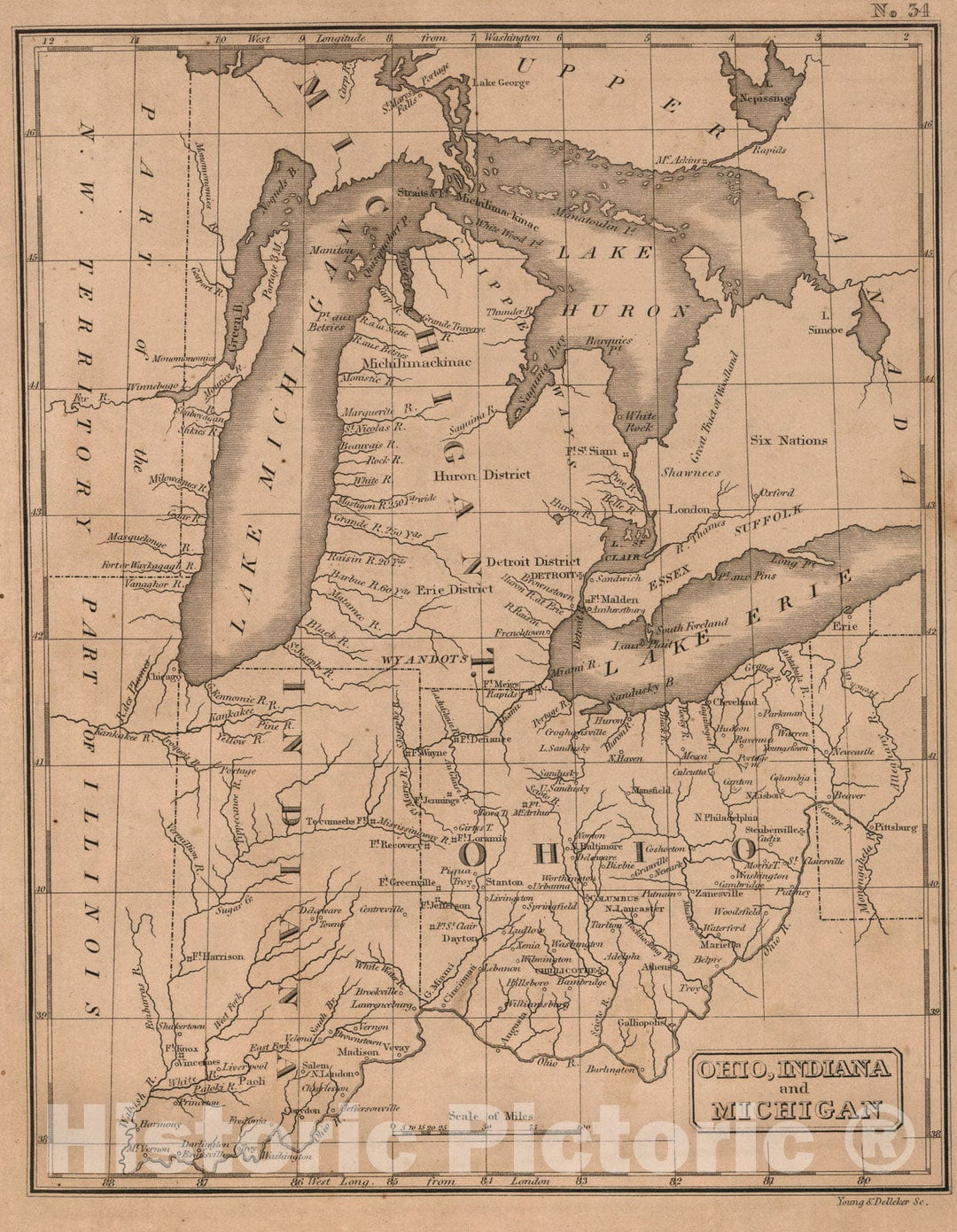 Historic Map : Ohio, Indiana and Michigan, 1822, Vintage Wall Art