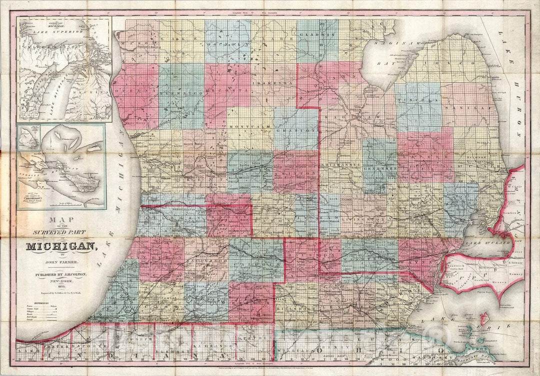 Historic Map : Map Of The Surveyed Part Of Michigan, 1852, Vintage Wall Art