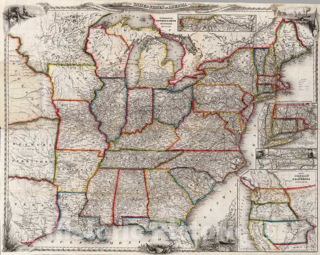 Historic Map : A New Map For Travelers Through the United States of America, 1853, Vintage Wall Art