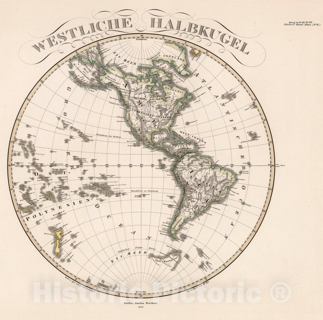 Historic Map : Westliche Halbkugel. (Western Hemisphere)., 1852, Vintage Wall Art