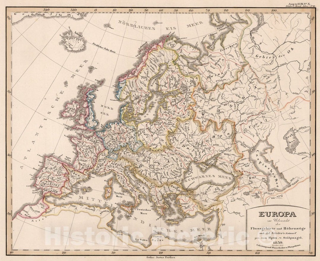 Historic Map : Europa zur Uebersicht der Flussgebiete und Hohenzuge. (Europe Watersheds)., 1852, Vintage Wall Art