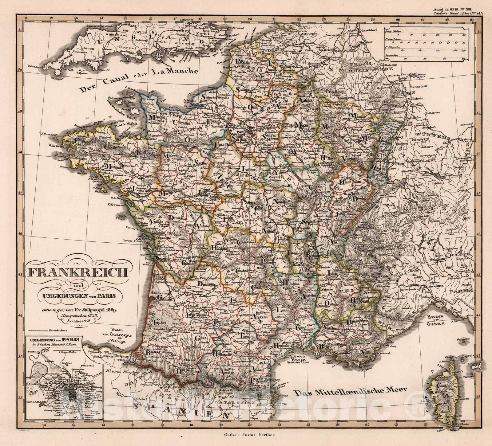 Historic Map : Frankreich und Umgebungen von Paris. (France)., 1852, Vintage Wall Art