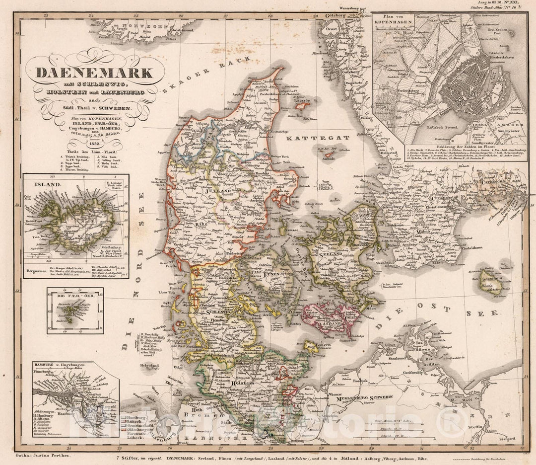 Historic Map : Daenemark mit Schleswig, Holstein, und Laeenburg. (Sweden, Norway, Denmark, Faroe Island)., 1852, Vintage Wall Art